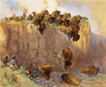 Conduciendo búfalos por el acantilado 1914 Charles Marion Russell Pinturas al óleo